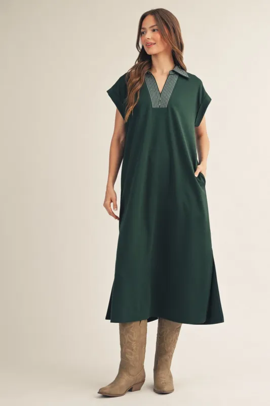 Hunter Green Striped Collared Side Slit Midi Dress made by JODIFL