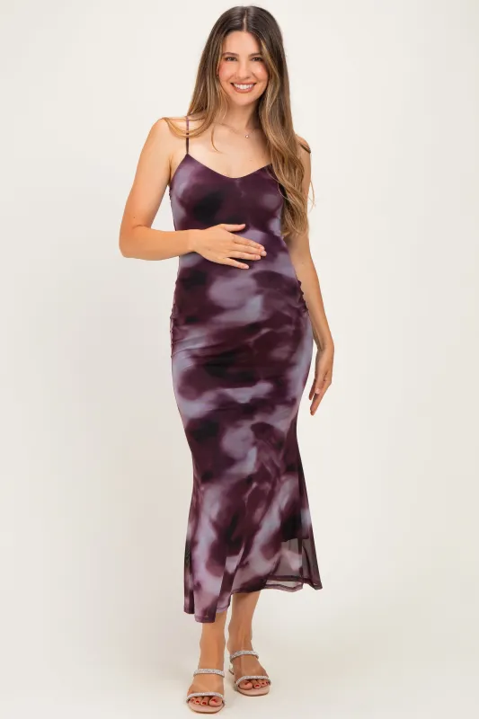 Wine Tie Dye Mesh Side Slit Maternity Maxi Dress made by Pinkblush