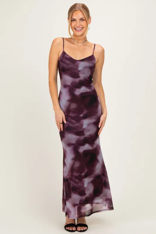 Wine Tie Dye Mesh Side Slit Maxi Dress made by Pinkblush