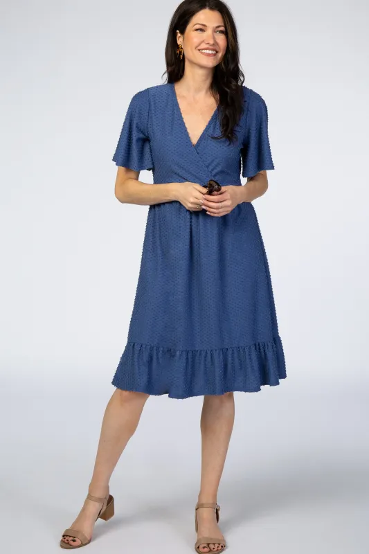 PinkBlush Blue Textured Polka Dot Ruffle Hem Short Sleeve Dress made by Pinkblush