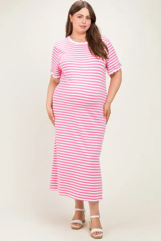 Pink Striped Scallop Trim Short Sleeve Maternity Plus Maxi Dress made by Polagram