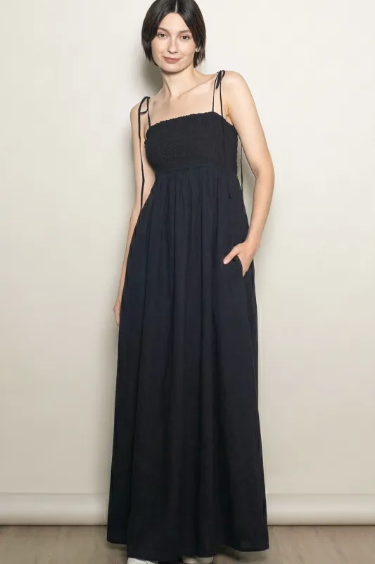 Black Smocked Shoulder Tie Maxi Dress made by Pinkblush