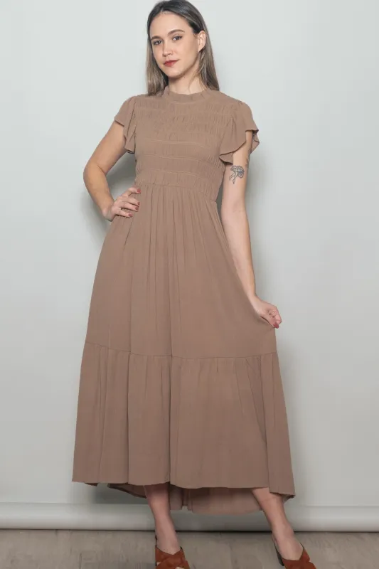 Mocha Mock Neck Flutter Sleeve Smocked Maxi Dress made by Pinkblush