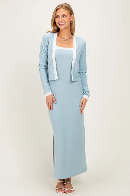 Light Blue/ White Color Block Sleeveless Fitted Dress Cardigan Set made by Pinkblush