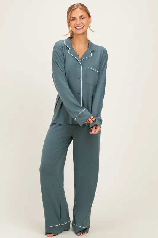 Ash Jade Button Down Top Wide Leg Pant Pajama Set made by Zenana Outfitters