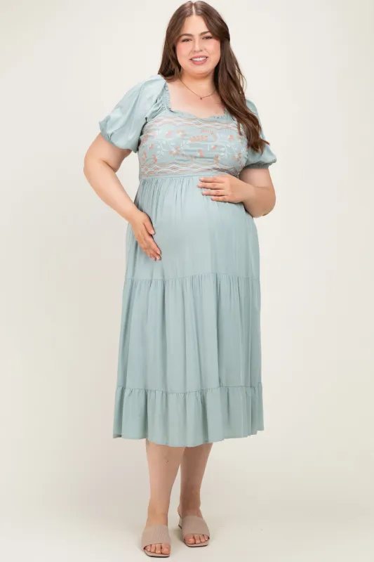 Sage Embroidered Ruffle Accent Maternity Plus Midi Dress made by Polagram