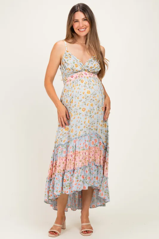 Multicolor Floral Colorblock Ruffle Tiered Maternity Midi Dress made by Angie