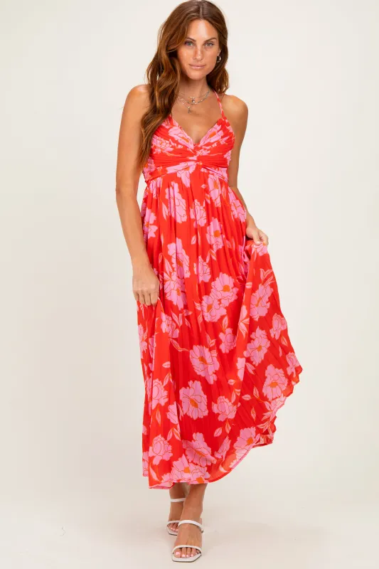 Red Floral Pleated Cutout Back Midi Dress made by Fore Collection