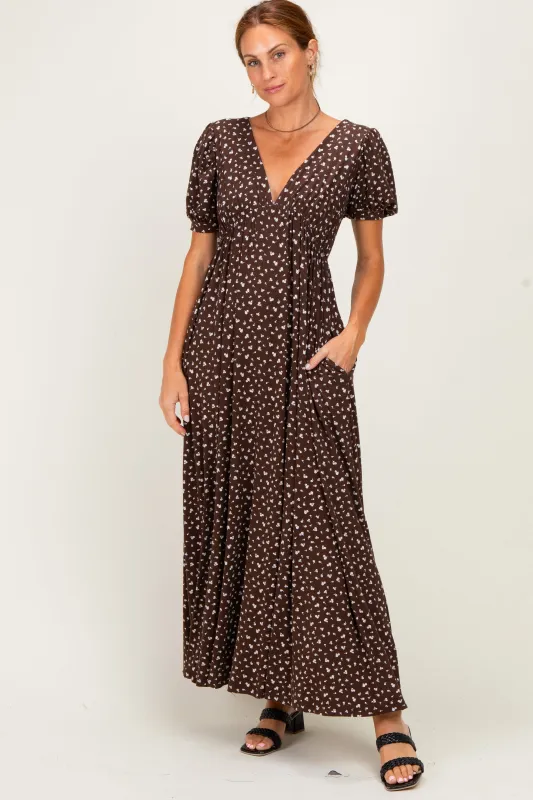 Brown Floral V-Neck Short Sleeve Maxi Dress made by Pinkblush
