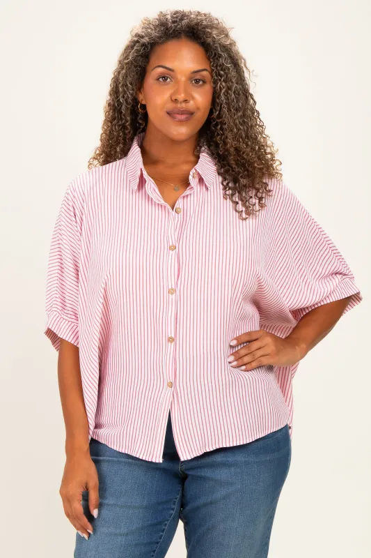 Red Plus Woven Stripe Button Down Top made by Zenana Outfitters