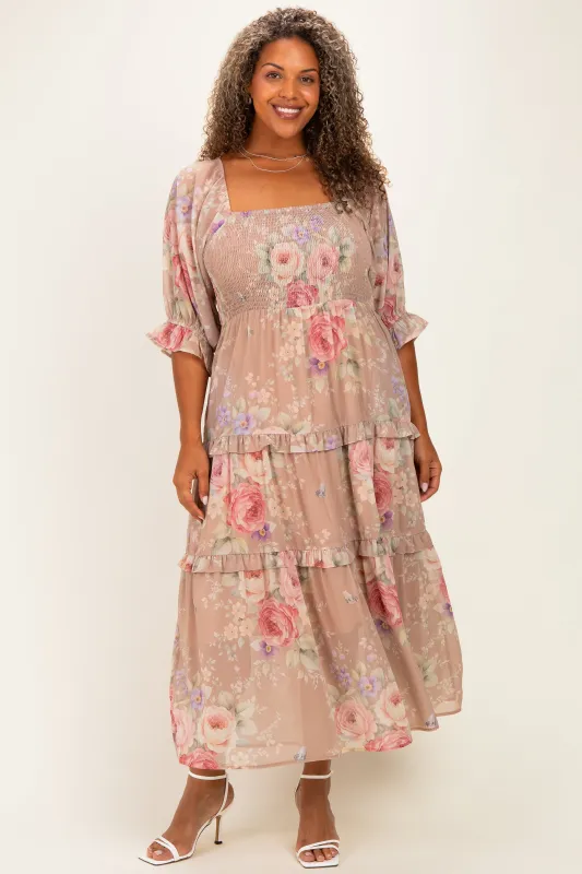 Taupe Floral Smocked Chiffon Tiered Plus Maxi Dress made by Davi & Dani