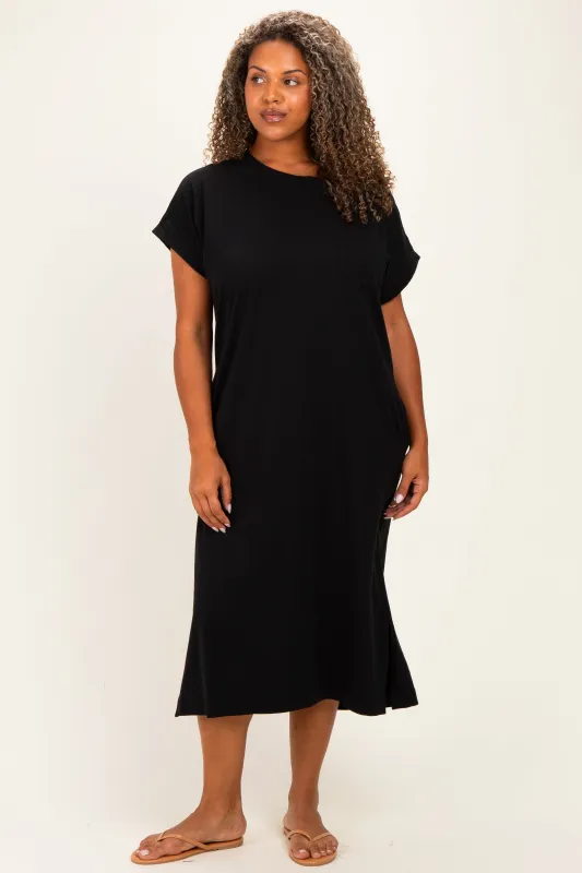 Black Plus Round Neck Short Sleeve Midi Dress made by Zenana Outfitters