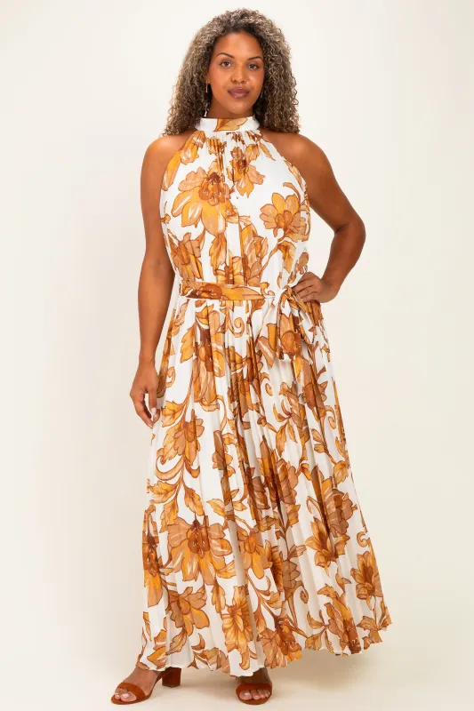 Camel Floral Pleated Halter Plus Maxi Dress made by Flying Tomato