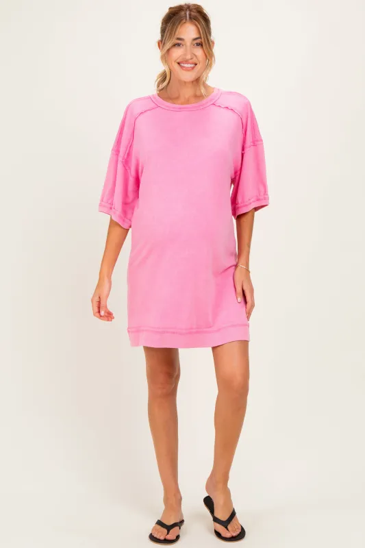 Hot Pink Mineral Wash French Terry Knit Maternity T-Shirt Dress made by Very J