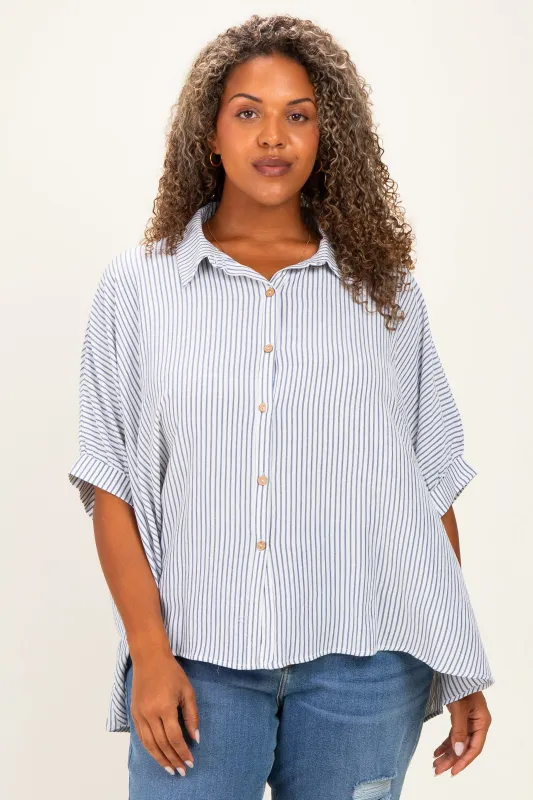 Blue Plus Woven Stripe Button Down Top made by Zenana Outfitters