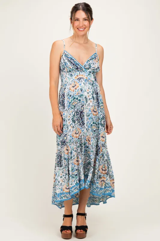 Blue Floral V-Neck Maternity Midi Dress made by Angie