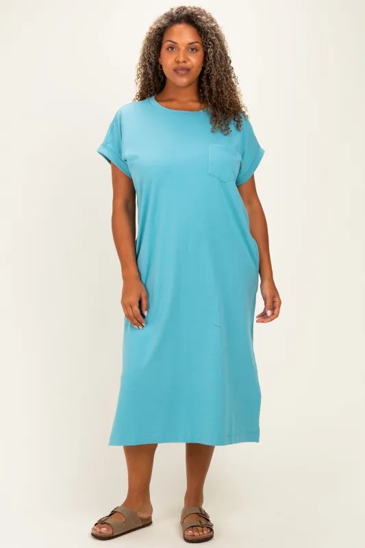 Dusty Aqua  Plus Round Neck Short Sleeve Midi Dress made by Zenana Outfitters