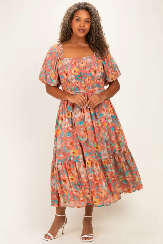 Pink Floral Smocked Puffed Sleeve Plus Midi Dress made by Flying Tomato