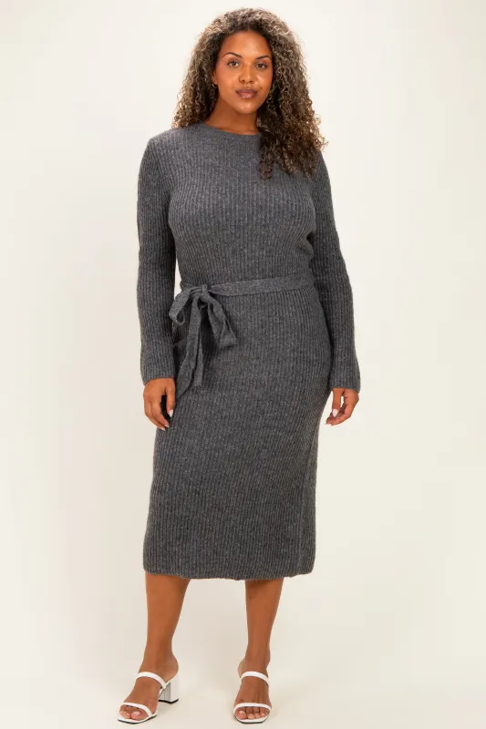 Charcoal Ribbed Tie Waist Plus Sweater Dress made by Flying Tomato