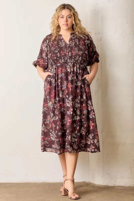 Brown Floral Smocked Button Down Plus Midi Dress made by Polagram