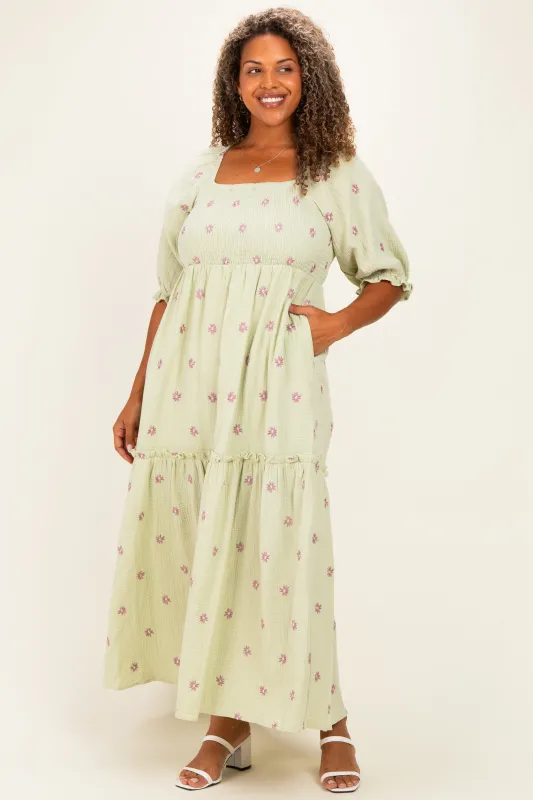 Mint Floral Smocked Puff Sleeve Plus Maxi Dress made by Jnna