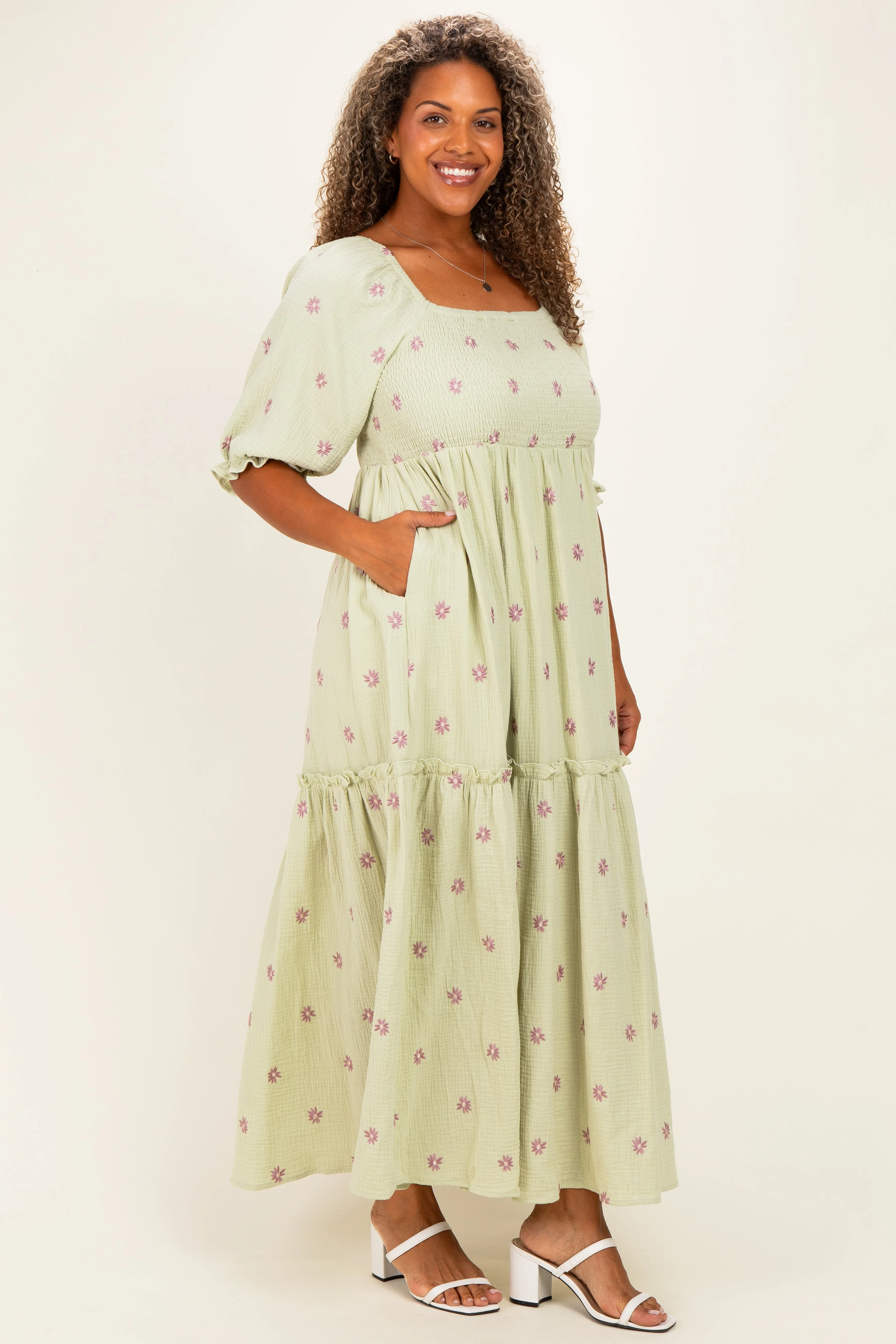 Mint Floral Smocked Puff Sleeve Plus Maxi Dress sold by Pinkblush product image thumbnail 2