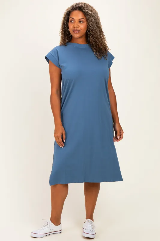 Blue Plus Round Neck Short Sleeve Midi Dress made by Zenana Outfitters