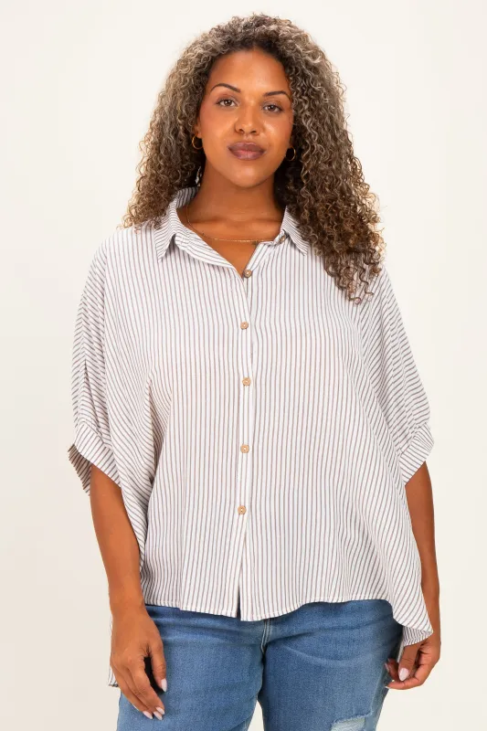 Brown Plus Woven Stripe Button Down Top made by Zenana Outfitters