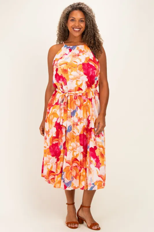 Coral Floral Pleated Plus Midi Dress made by Sugarlips