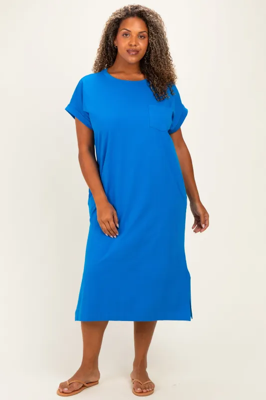 Royal Blue Plus Round Neck Short Sleeve Midi Dress made by Zenana Outfitters
