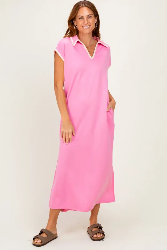 Pink Stitch Detail Collared Midi Dress made by entro