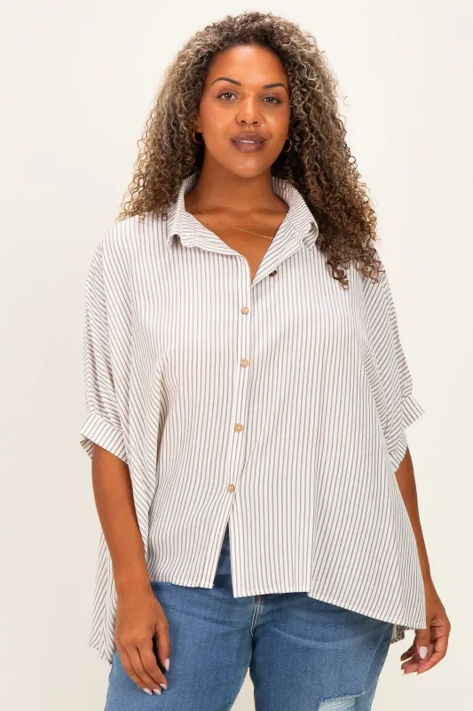 Taupe Plus Woven Stripe Button Down Top made by Zenana Outfitters