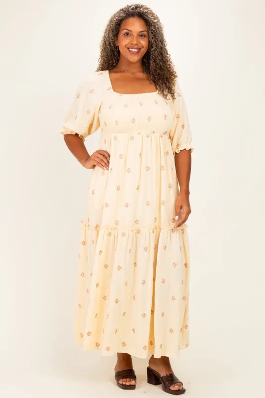 Beige Floral Embroidered Smocked Maxi Dress made by Jnna