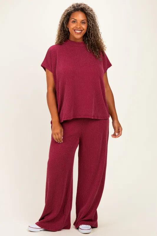 Burgundy Plus Raised Rib Short Sleeve Tee & Pants Set made by Zenana Outfitters
