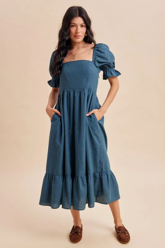 Deep Teal Gingham Square Neck Midi Dress made by Inloom