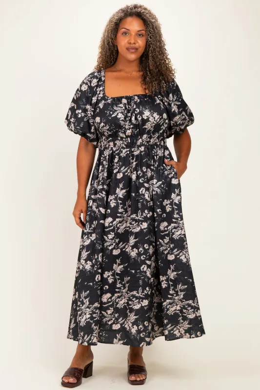 Black Floral Puff Sleeve Smocked Waist Plus Midi Dress made by Polagram