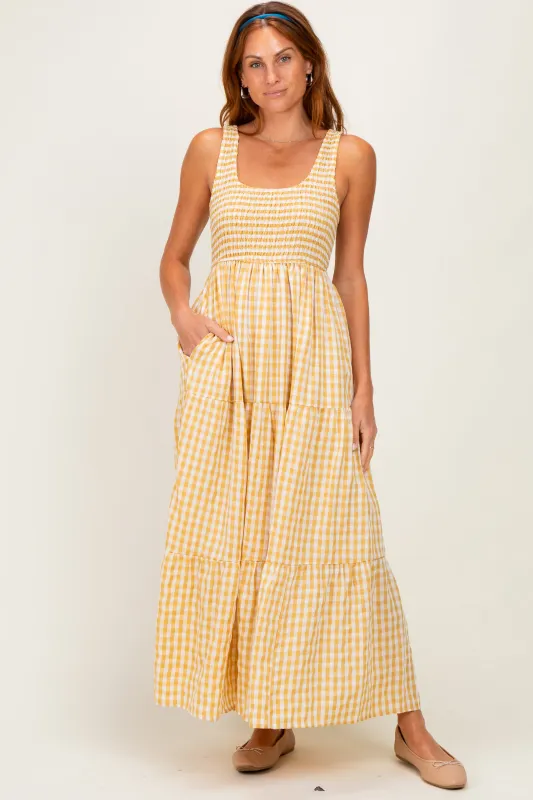 Yellow Gingham Sleeveless Tiered Maxi Dress made by BaeVely