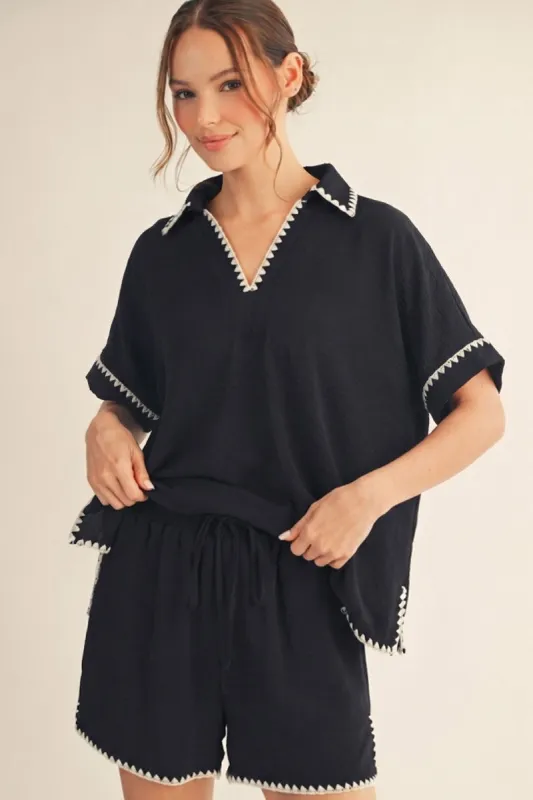 Black Embroidered Detail Collared Boxy Top made by JODIFL