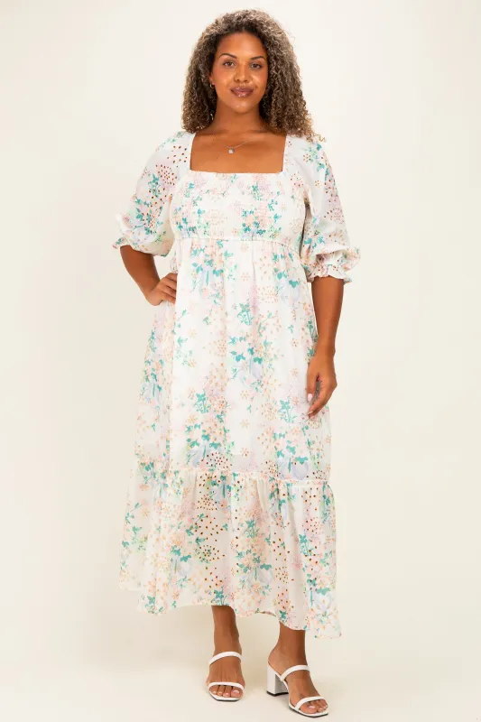 Ivory Floral Smocked 3/4 Sleeve Plus Maxi Dress made by Jnna