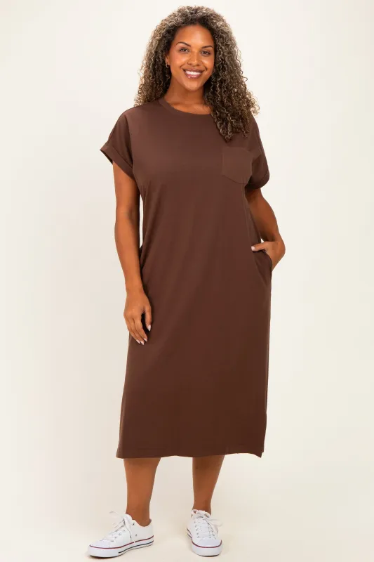 Brown Plus Round Neck Short Sleeve Midi Dress made by Zenana Outfitters