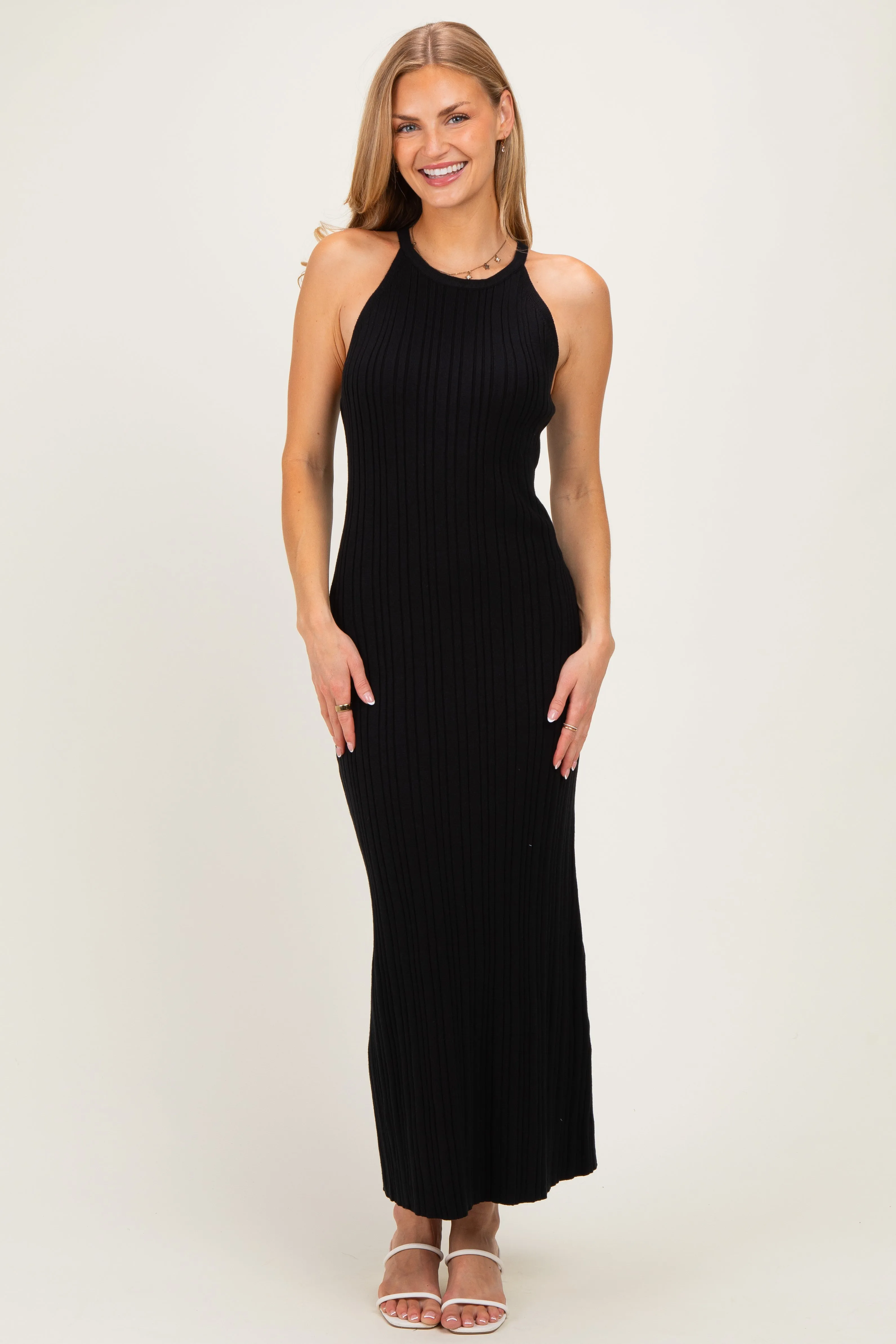 Black Halter Ribbed Knit Maxi Dress sold by Pinkblush