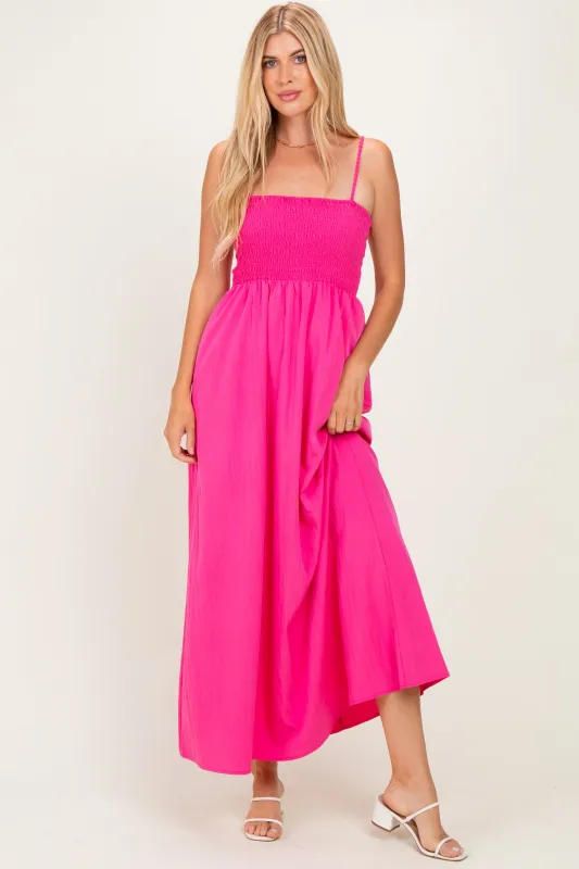 Hot Pink Pom Pom Strap Smocked Maxi Dress made by Naked Zebra