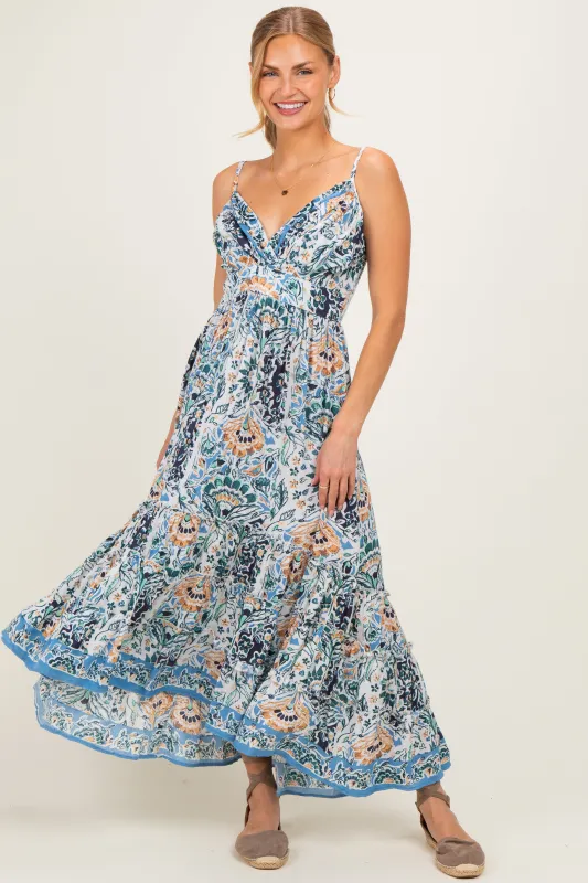 Blue Floral V-Neck Midi Dress made by Angie