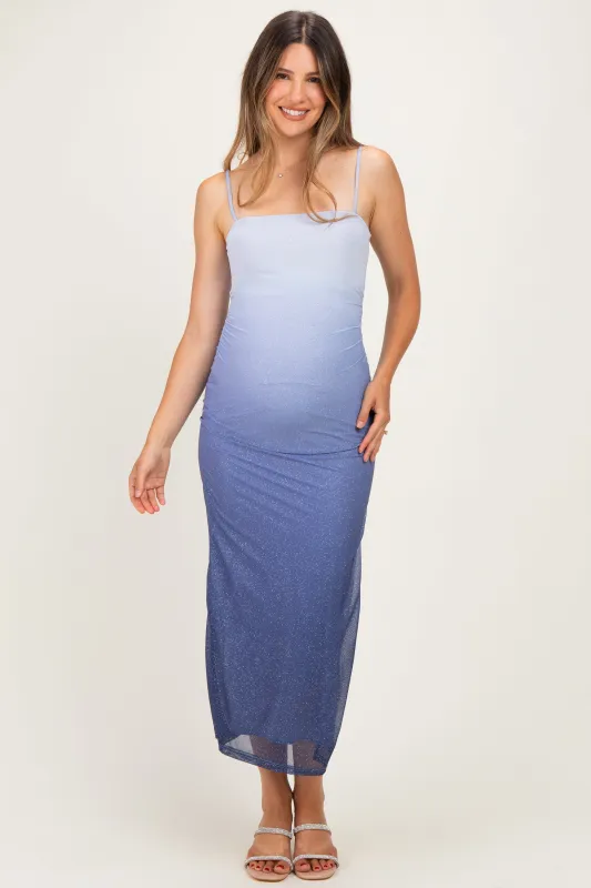 Sea Blue Glitter Mesh Ombre Ruched Maternity Midi Dress made by Blue Blush