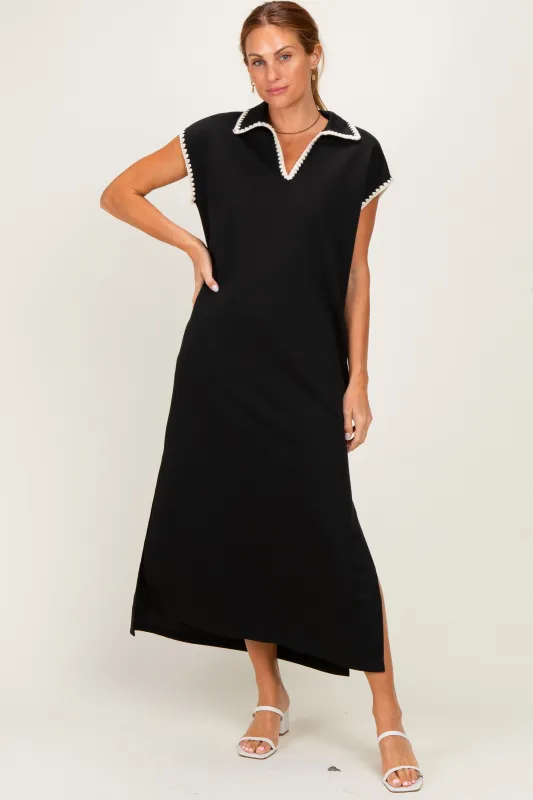 Black Stitch Detail Collared Midi Dress made by entro