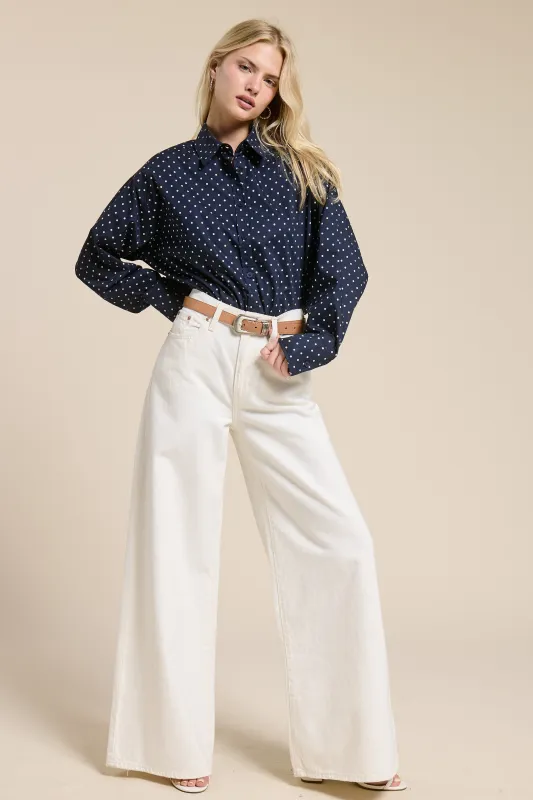 Navy Polka Dot Oversized Button Down Shirt made by Mimosa