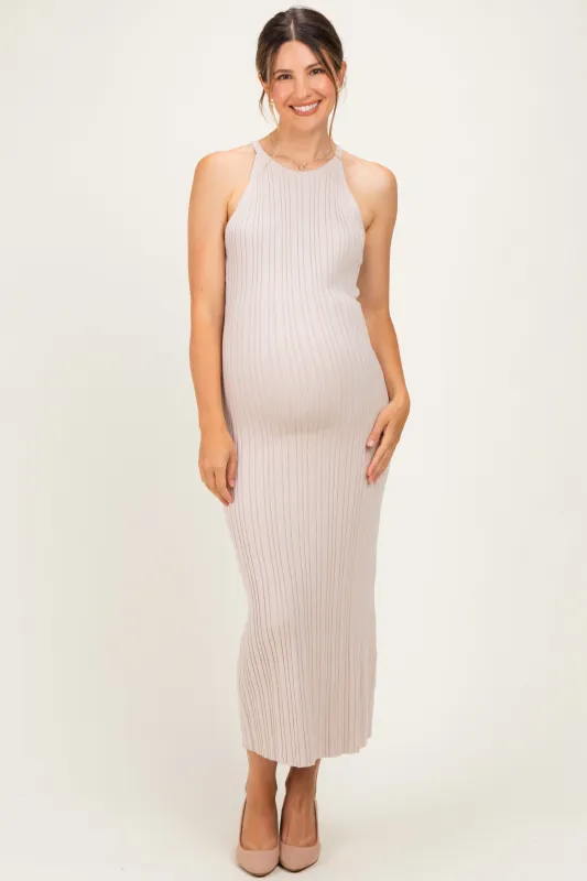 Sand Halter Ribbed Knit Maternity Maxi Dress made by Able