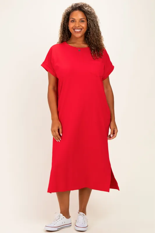Red Plus Round Neck Short Sleeve Midi Dress made by Zenana Outfitters