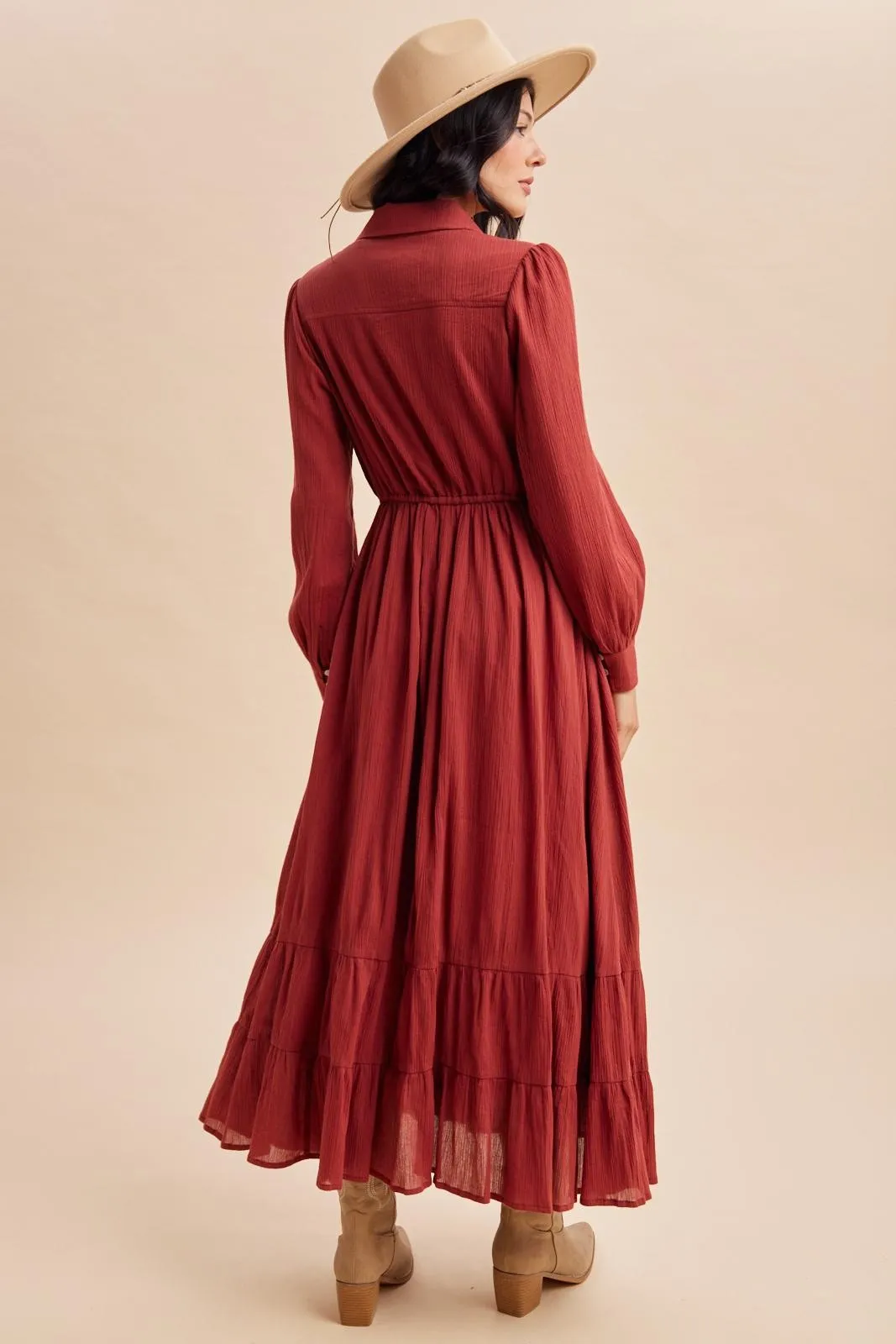 Terracotta Pleated Front Button Down Maxi Dress sold by Pinkblush product image thumbnail 4