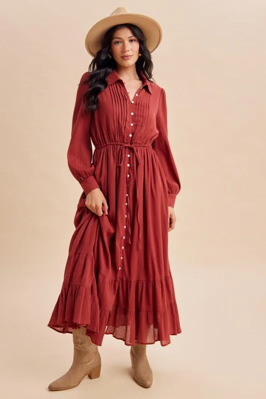 Terracotta Pleated Front Button Down Maxi Dress made by Inloom